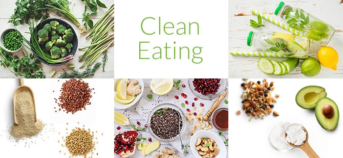 Grafik Clean Eating mit verschiedenen Clean Eating Lebensmittel