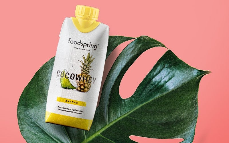 A package of CocoWhey protein-infused coconut water sits on top of a deep green Monstera leaf. 