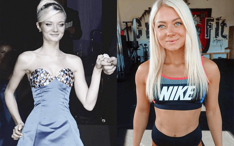 Before and after images of Anna's transformation from too-skinny in a glamour gown to fit in a gym and workout outfit