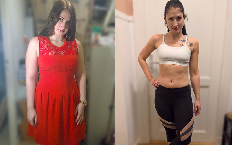 Before-and-after photo collage of Elisa, a white woman who was able to lose weight with foodspring