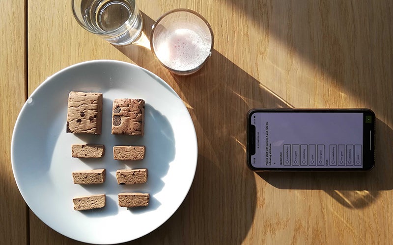 An overhead view of two Protein Bars. A phone shows a survey used by foodspring's product development team.
