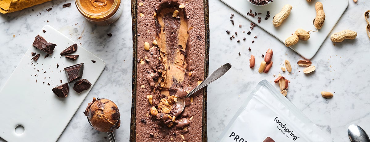 A rectangular pan of chocolate-peanut butter protein ice cream