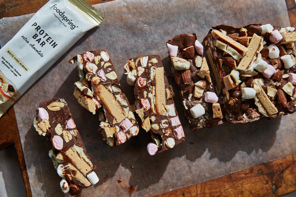 Protein bar rocky road with almonds and marshmallows, sliced