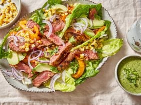 steak salad with grilled corn peppers and coriander crema